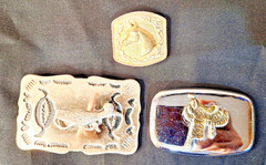 2 Vintage Cowboy Belt Buckles (Road Runner and Saddle) & Bolo Tie clasp / clip