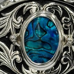 Western Silver Tone Oval Belt Buckle Blue Abalone Shell Inlay Floral Scrollwork