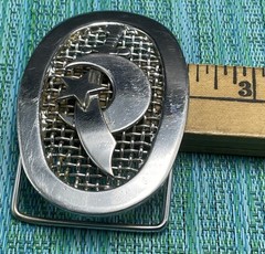 Vtg Shriners Belt Buckle Silver Tone Mesh Backdrop – Sword Moon Stars – Oval