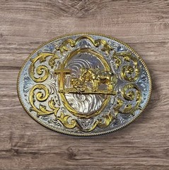 Oval Christian Cowboy – Belt Buckle For Man 4.25&Prime;x3.25&Prime; Silver Tone/Gold