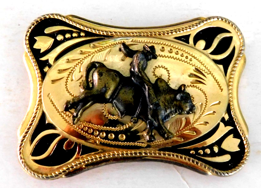 Western belt buckle, bullrider, geat shape, 1990&rsquo;s era, gold color