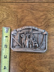 VINTAGE Pewter Hughes Oil Tool Division Belt Buckle Rock Bit Drilling Rig Detail