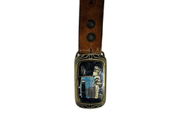 VINTAGE GREEN MACHINE LEATHER BELT WITH FORD TRUCK BUCKLE MEN&rsquo;S