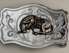 Vintage Chrome Belt Buckle with Applied Bronze Bucking Bronco Horse Clean READ