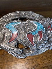 BELT BUCKLE, WOLF MOTIFF, PEWTER & TURQUIOSE, 4-INCH, MADE IN USA EJC96
