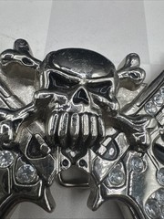 Rockin Rebel / Jeweled Skull And Guns Buckle / Rhinestones Belt Unisex 4”X3.5”