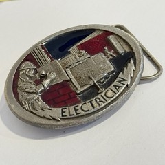 C & J Belt Buckle Electrician Silver Red Blue Tone Oval Electric Work Men’s