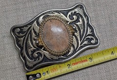 vintage STONE belt buckle FOSSIL cobochon HAND POLISHED coral WESTERN cowboy