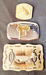 2 Vintage Cowboy Belt Buckles (Road Runner and Saddle) & Bolo Tie clasp / clip