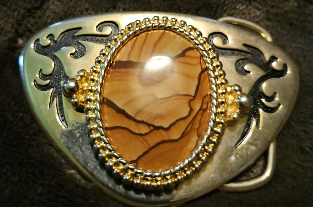 Vintage BELT BUCKLE Silver tone Polished Jasper stone belt buckle