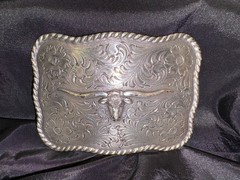 Nocona Longhorn Silver Tone Belt Buckle Etched, Roped Edge- REDUCED!