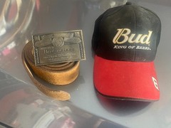 Budweiser Belt+Cap VTG Brass Budweiser Belt Buckle 1970&rsquo;s Classic Logo