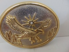 Flying Eagle Gold Tone Belt Buckle Sun Burst Diamond Cut Center & Rhinestone 3D