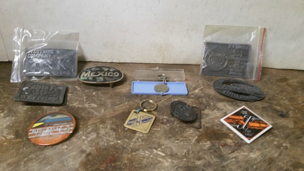 Assorted Railroad Belt Buckles Pins Key Chain Coaster Lot NMRA