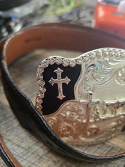 Montana Silversmiths Buckle Horse & Cross With Ostrich Black Jack Belt Sz 34
