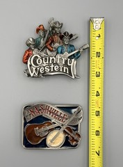 2 Vtg USA Made Brass Belt Buckles Nashville Country Music Western Guitar Fiddle