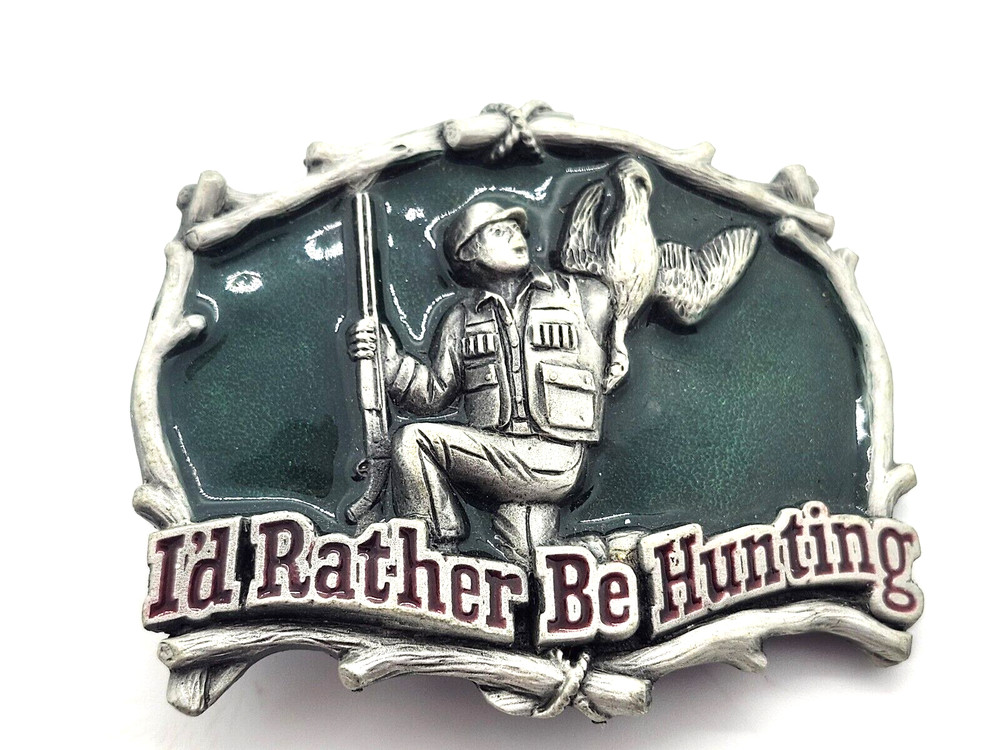Vintage « I&rsquo;d Rather Be Hunting » Duck Hunter 1994 Green Pewter Belt Buckle
