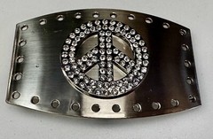 Jeweled Peace Sign Studded Rhinestone Silver Tone Belt Buckle W/ Hole Border