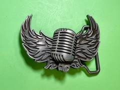 Retro Microphone Flying Mic & Wings Rock Music Silver Color Cutout Belt Buckle