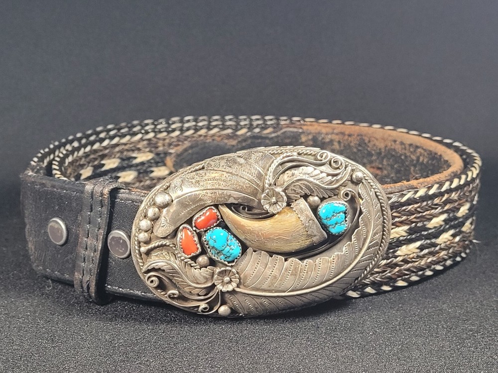 Braided Nylon And Leather Belt With Silver Turquoise Coral Belt Buckle 35097-11
