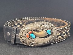 Braided Nylon And Leather Belt With Silver Turquoise Coral Belt Buckle 35097-11