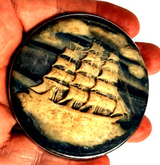 VTG Belt Buckle Blue & White 3-Masted Ship Cameo Carved H.J. Orbit Corp 1970&rsquo;s