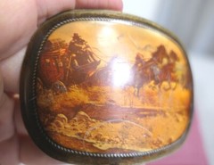 Vintage Brass & Enamel Pictorial Western Stagecoach Horses Belt Buckle 3.25&Prime; W