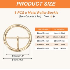 8Pcs 1.4&Prime; Single Prong Belt Buckle Metal Roller Buckle Light Gold/Black