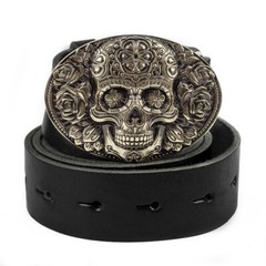 Santa Muerte german silver belt buckle, Skull El Día de Muertos belt buckle