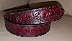 Red Burgundy Leather Hand Tooled Skulls Rockabilly Goth Leather Belt Size 34