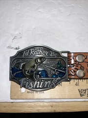 I&rsquo;d Rather Be Fishing Belt Buckle Silver Enamel Inlay With Brown Leather Belt 32