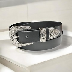 Western 3-Piece Belt Buckle Set Floral Engraved Silver Metal Cowboy Rodeo Style