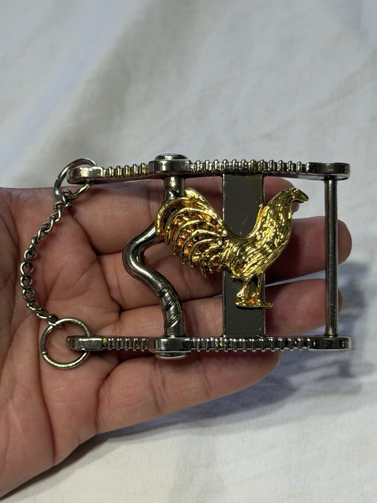 Men&rsquo;s Western Rectangle Belt Buckle Silver/Gold Rooster Animal Print Chain 2&Prime;