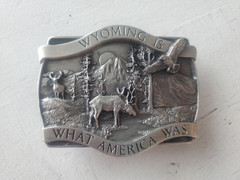 1981 Bergamot Wyoming Is What America Was Belt Buckle Elk Eagle Mountains Nature