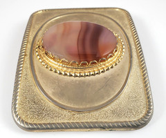 Vintage Gold Tone Western Belt Buckle Banded Agate Style Stone Faux Cabochon