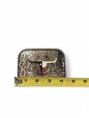 Western Longhorn Decorative Belt Buckle in Silver with Red, Blue & Gold Accents