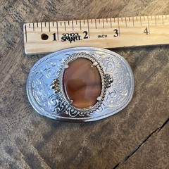 Beautiful Vintage Belt Buckle Silvertone w Polished Stone 3.50&Prime; x 2.3/8&Prime;
