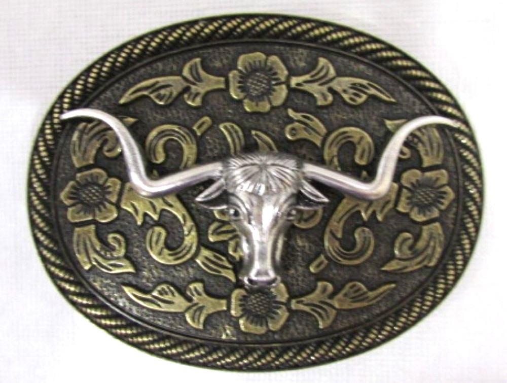 Bull Head and Floral Western Boho Belt Buckle