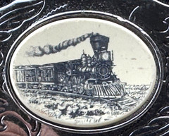 VINTAGE SILVER TONE FAUX SCRIMSHAW TRAIN LOCOMOTIVE ENGINE BELT BUCKLE