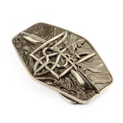 Warship done! German silver belt buckle, ukrainian trident, russian combat ship