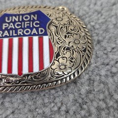 Union Pacific Railroad Belt Buckle Mens Silver Enamel Western Train Logo