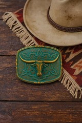 Longhorn Steer Skull Belt Buckle Patina Western Cowboy Bull Cow Green Gold