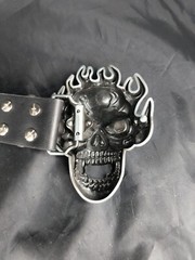 Silver Toned Skull Belt Buckle With Black Belt Size 42&prime;