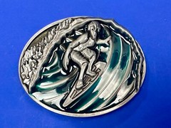 Surfer On Ocean Wave Pipeline Surfing Hang 10 – Blue Green Color Belt Buckle