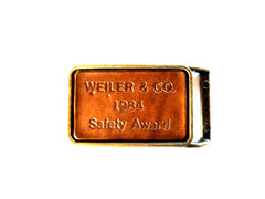 Weiler & Co 1984 Safety Award Leather on Brass Belt Buckle for 2&Prime; Work Belt VTG