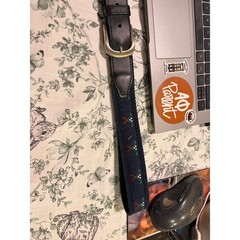 Mens belt with canvas golf clubs, navy with black leather and silver buckle NEW