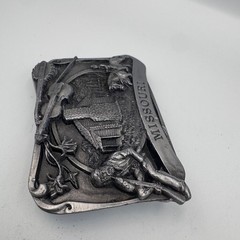 Vintage Missouri State Belt Buckle Pioneer Log Cabin Fiddle Banjo Pewter Tone
