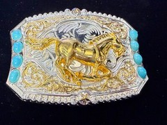 Running Galloping Mustang Stallion Horse W/ Faux Turquoise Stones Belt Buckle