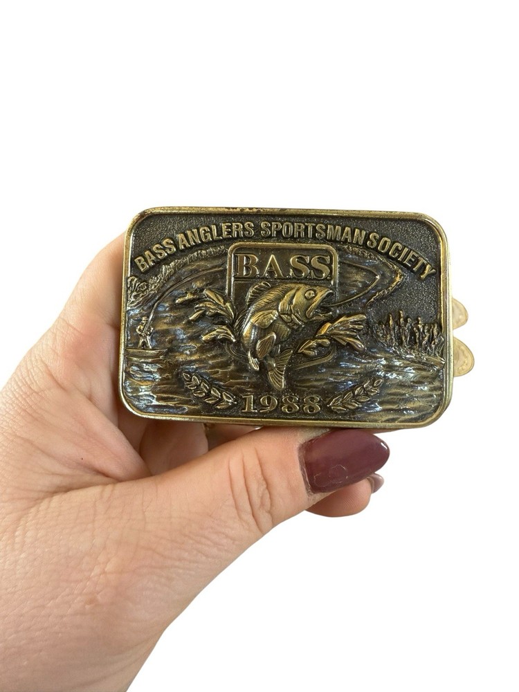 Belt Buckle Vintage 1988 BASS Bass Anglers Sportsman Society Brass USA Made 3×2&Prime;
