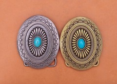 Vintage Brass Southeast Tribal Ethnic Flower Turquoise Leather Belt Buckle Huge
